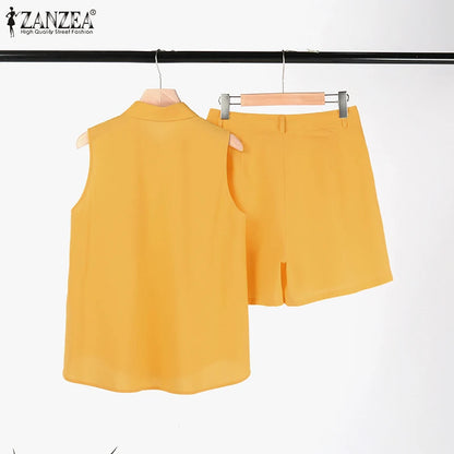 ZANZEA Fashion Sleeveless Tops Short Sets Two Piece Sets Summer Womens Outifits Beach Tracksuit Vintage Solid Cotton Pants Suits