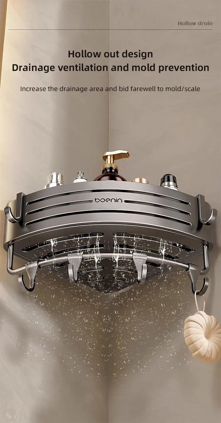 No Drill Bathroom Corner Shelf Wall Mounted Shower Corner Shelves with Hook Towel Bar Space Aluminum Bathroom Organizer Rack