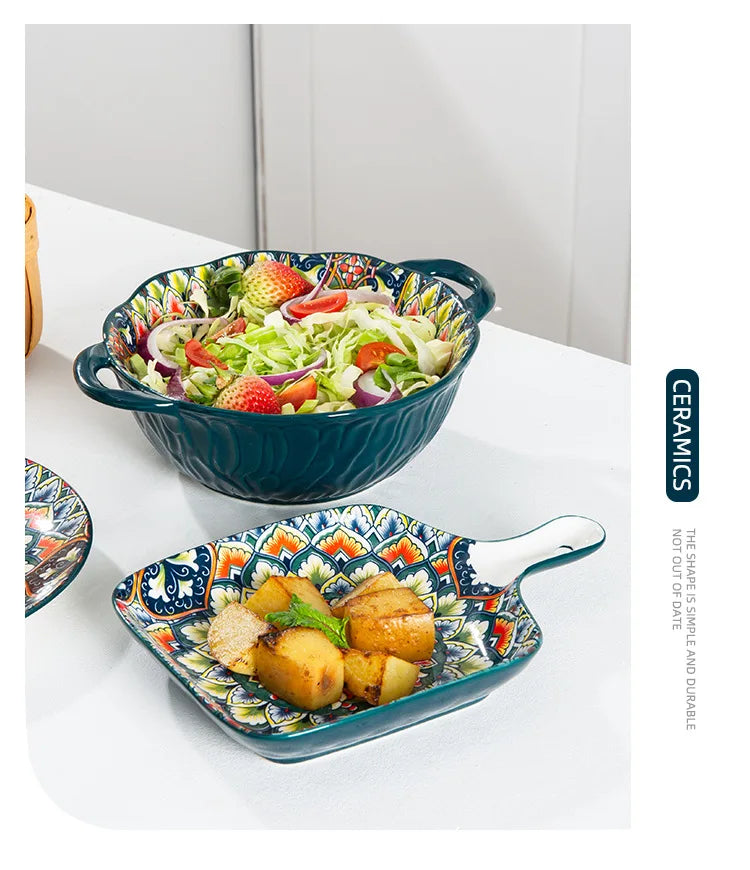 1Pcs Bohemia Retro Ceramic Dinner Plates Sets Food Plate Household Tableware Set Breakfast Plates Salad Soup Bowls Dinnerware