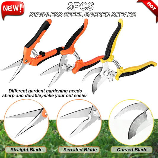 3pcs Multifunctional Stainless Steel Pruning Shears Garden Scissors for Gardening Flower Fruit Tree Manual Scissors Electrician Tool