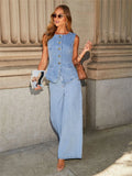Streetwear Denim 2 Piece Sets Women Outfit Summer Clothes Women 2025 Sleeveless Vest Top Wide Leg Pants Sets Jeans Two Piece Set