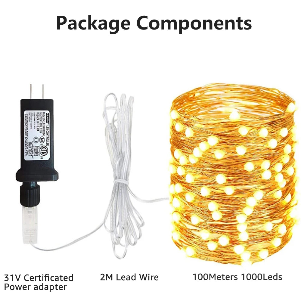 100m 1000led branco quente luzes de fadas ao ar livre à prova dwaterproof água dobrável interior natal festa feriado casamento decoração do jardim