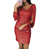 Women Sequin Dress Glitter Sparkle Sexy Deep V Neck Short Dress Above Knee Length Long Tassel Sleeve