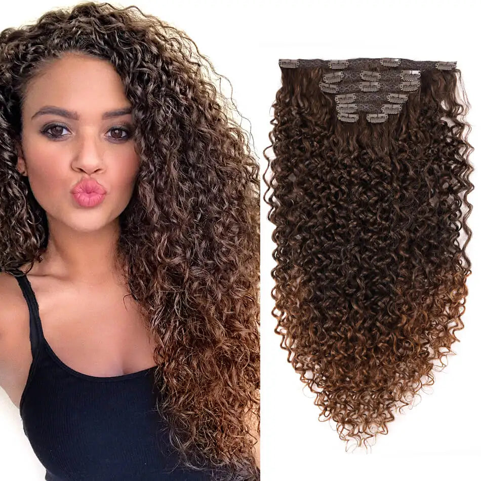 Kit extensões de cabelo cacheado Jerry Curly 65cm clip in 7 peças sintéticas para cabeça completa