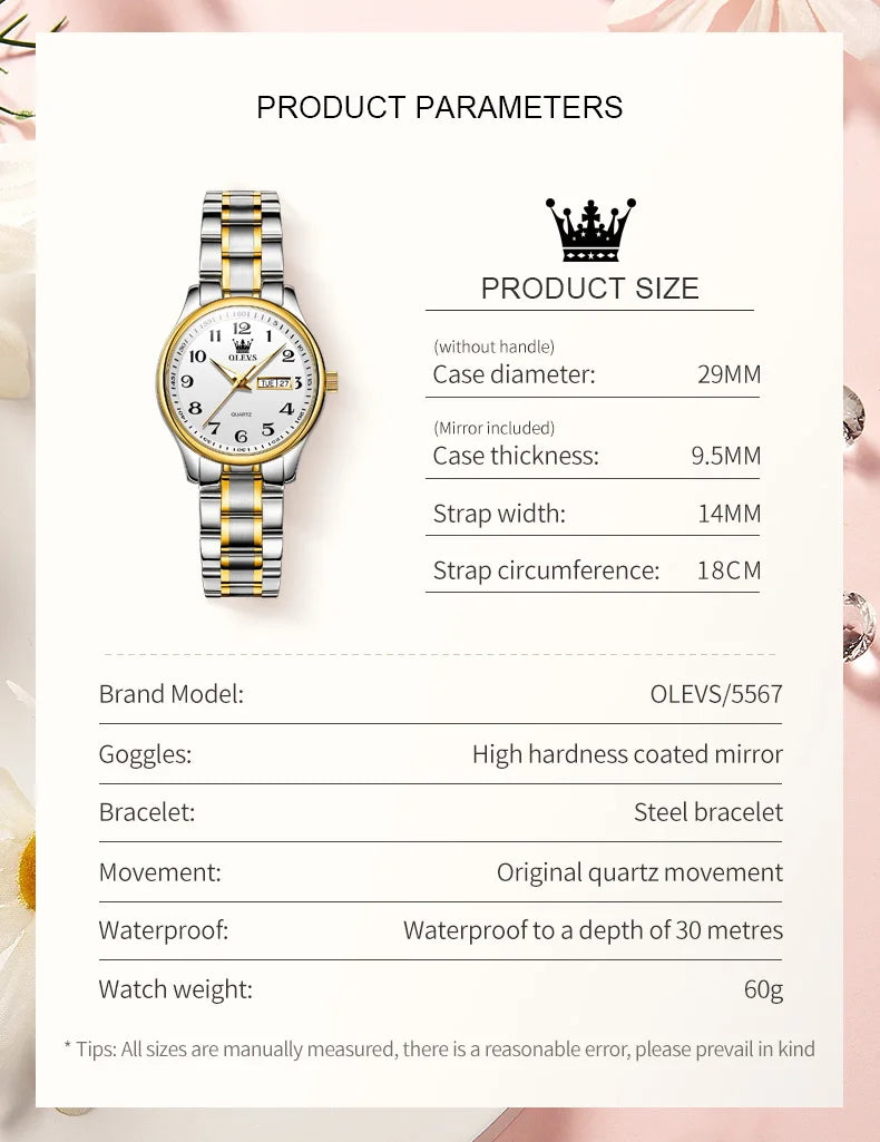 Relogio feminino de luxo bicolor aço inoxidavel e calendario duplo
