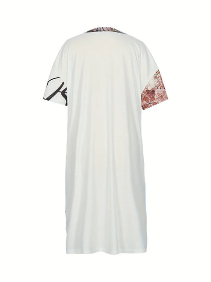 Vestido plus size com estampa gráfica e letras, vestido casual de manga curta com gola redonda, roupas femininas plus size