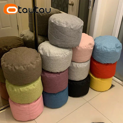 OTAUTAU Linen Bean Bag Chair with Filling Beanbag Pouf Ottoman Footstool Tatami Round Stool Futon Puff Relax Lounge Furniture