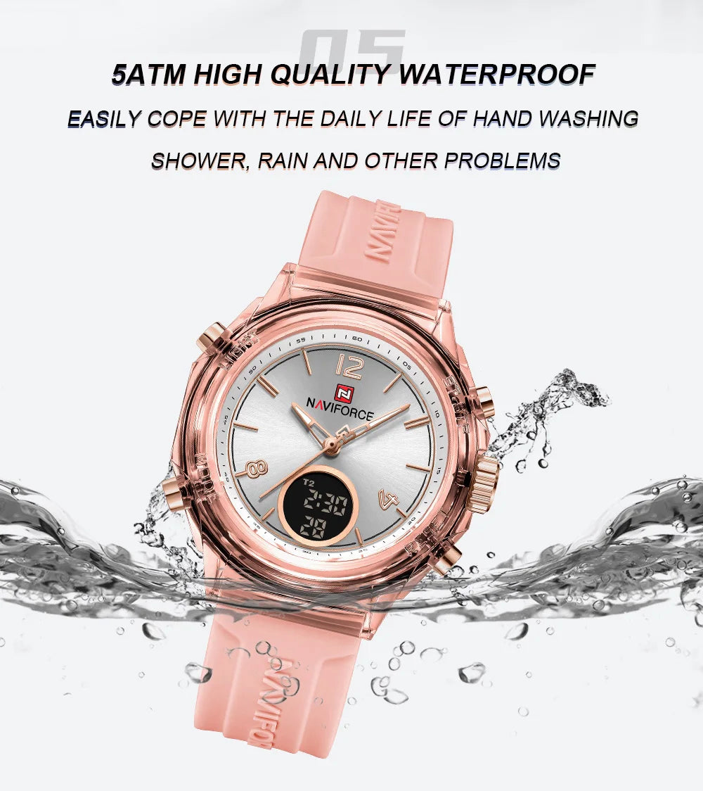 Relojes NAVIFORCE para mujer, nuevo diseño, esfera pequeña, deportivos, para mujer, resistente al agua hasta 5 ATM, reloj de pulsera de cuarzo con pantalla LCD digital, reloj para mujer