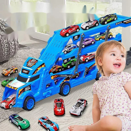 Camión transportador deformable grande para niños, modelo educativo, vehículo de carreras con pista plegable, regalo de cumpleaños para niños y niñas.