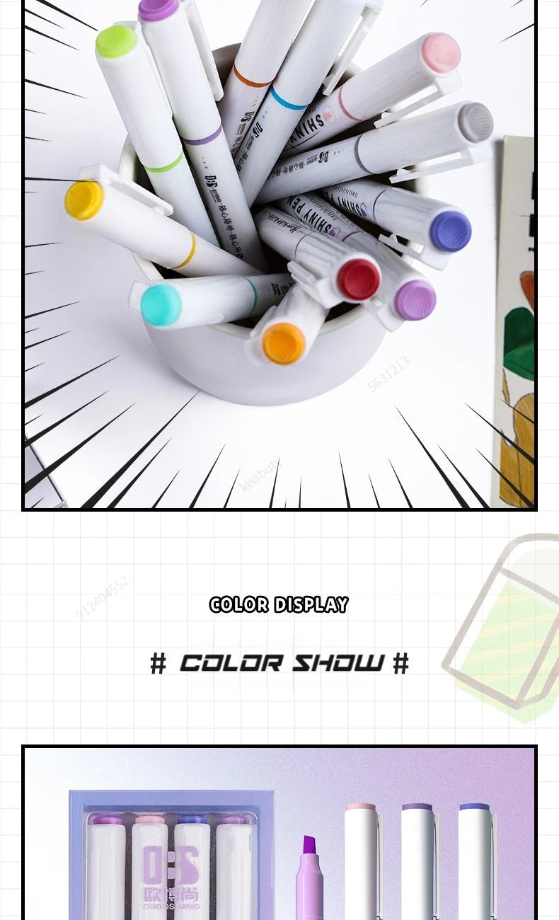 4 Colors/box Kawaii Glitter Highlighter Pen Pastel Fine Pastel Highlighter Marker Scrapbook Painted Stationery School Supplies