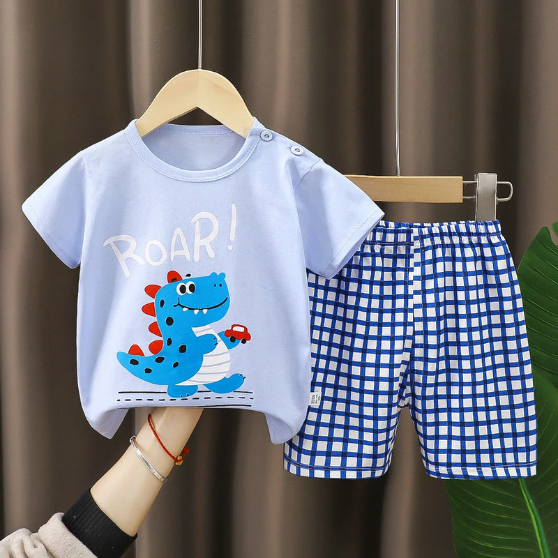 New Boys Summer Clothing Set Full Bear Print Cotton Short Sleeve T-shirts and Shorts 2PCS Breathable Outfit For Girls