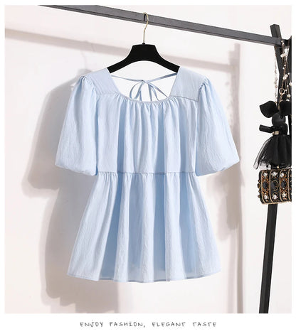 Plus Size Shirts & Blouses Women Summer 2025 New Arrival Korean Fashion Tops Short Puff Sleeve Loose Sweet Blouse Woman L-4XL