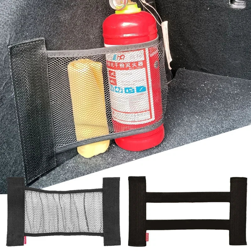 Car Back Rear Trunk Storage Mesh Fixed Straps Car Interior Organizer Extinguisher Storage Net Seat Back Fixing Bag