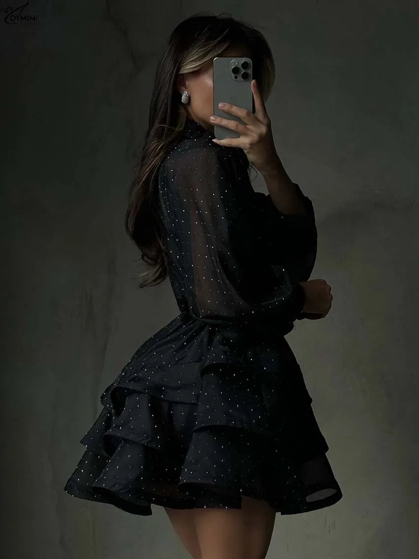 Oymimi Fashion Black Rhinestone Women's Dress Casual Lapel Long Sleeve Button Dresses Elegant New Lace-Up Pleated Mini Dresses