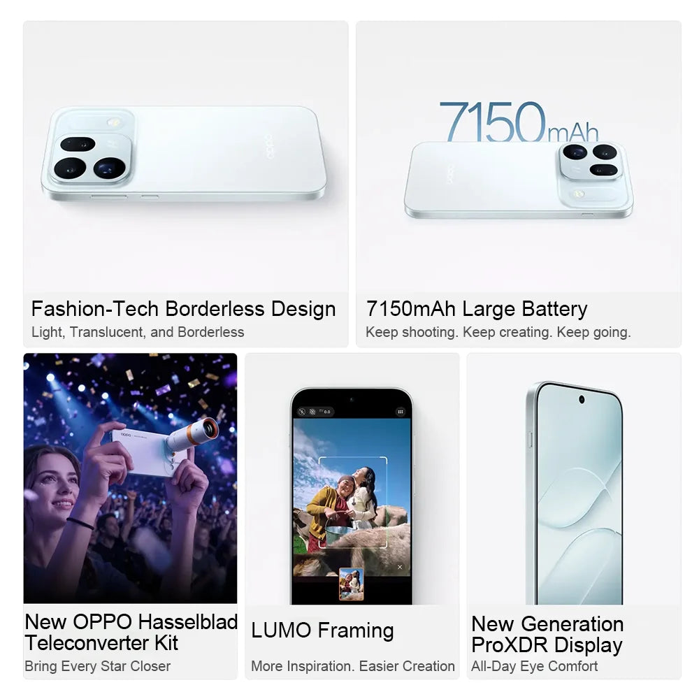 Versão europeia do OPPO Find X10, 12 GB + 256 GB / 12 GB + 512 GB, câmeras duplas de 200 MP, sistema desenvolvido em parceria com a HASSELBLAD, ColorOS 17, mecanismo LUMO True Color, bateria de 7150 mAh e carregamento de 80