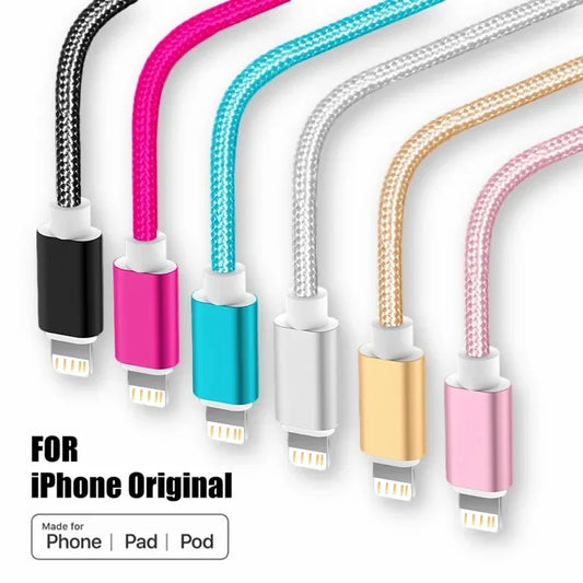 Cable de carga USB trenzado de nailon metálico para iPhone 14, 8, 7, 6S Plus, X, XR, XS, 11, 12, 13 Pro Max, iPad 9, cable de datos de carga rápida de 1 m, 2 m y 3 m