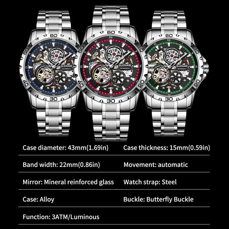 GLENAW Steampunk Skeleton - Reloj para hombre, anillo, relojes mecánicos automáticos de lujo, luminosos, resistentes al agua, correa de acero inoxidable