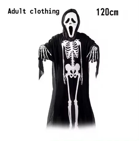 Halloween Death God Play Costume, Kids and Adults Horrible Skeleton Costume, Black Ghost Robe and Sickle, Enjoy Game Party
