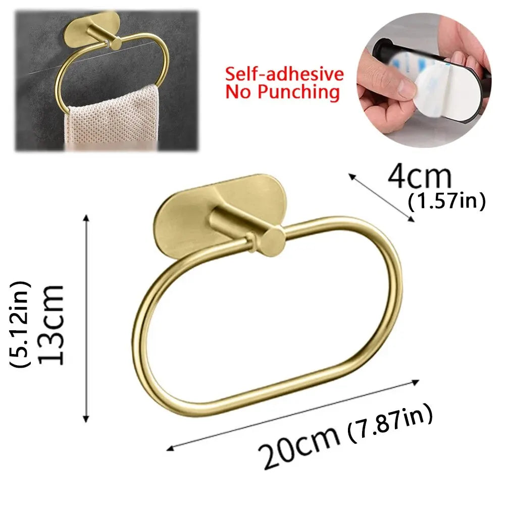 Toallero de acero inoxidable autoadhesivo para baño, toallero negro, colgador de toallas, barra de aro, accesorios de almacenamiento para cocina