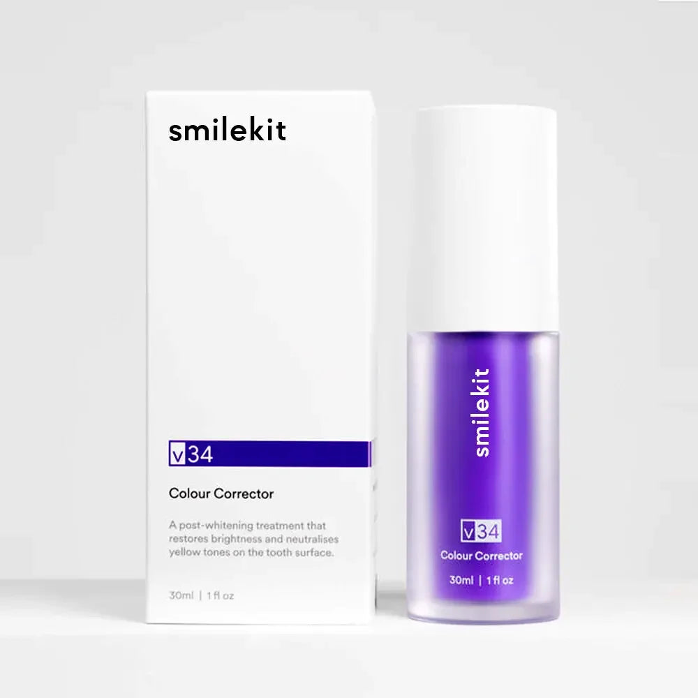 Pasta dental blanqueadora morada V34 de 30 ml. Elimina manchas, reduce el amarilleo y cuida tus dientes, encías, aliento fresco y blanquea los dientes.