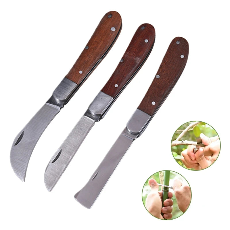 Folding Grafting Knife Grafting Tools Bonsai Pruning Knife Professional Garden Seedling Fruit Tree Cutter with Wooden Handle