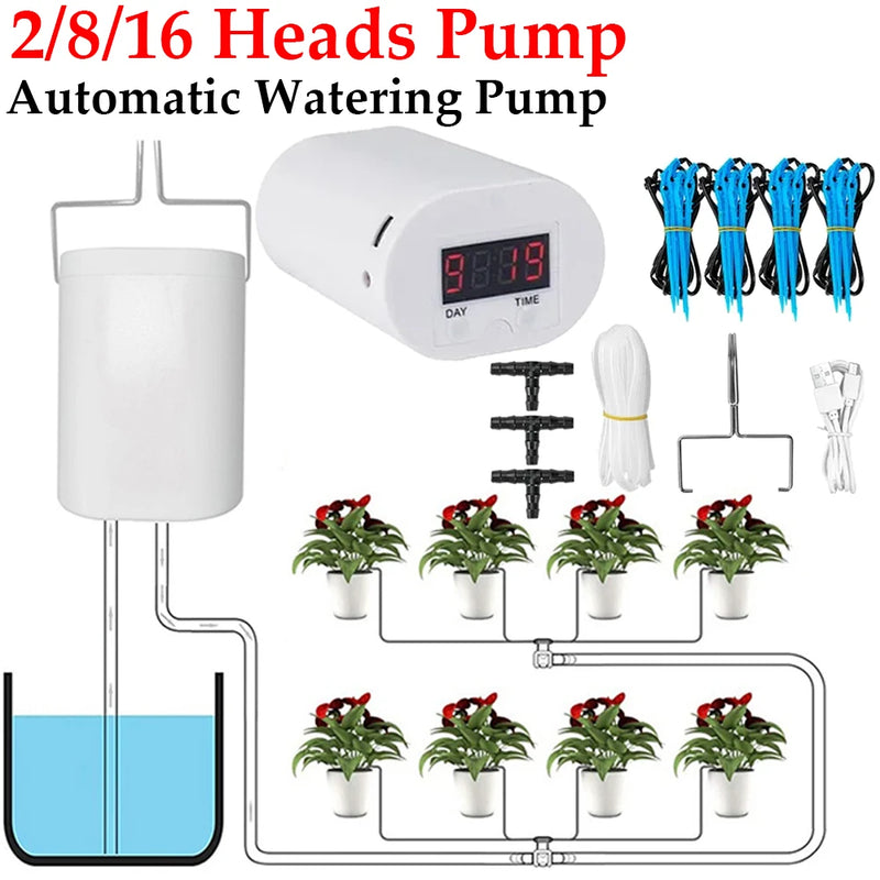 2/8/16 Heads Automatic Plant Flower Watering Pump Garden Accsesories Plants Sprinkler Drip Irrigation Device Water System Kit