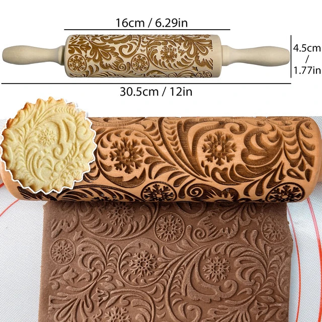 Christmas Rolling Pin with Reindeer Flower Patterns, Wooden Embossed, 3D Cookie Mold, Laser Engraved, DIY Baking Tools, Dough Roller 