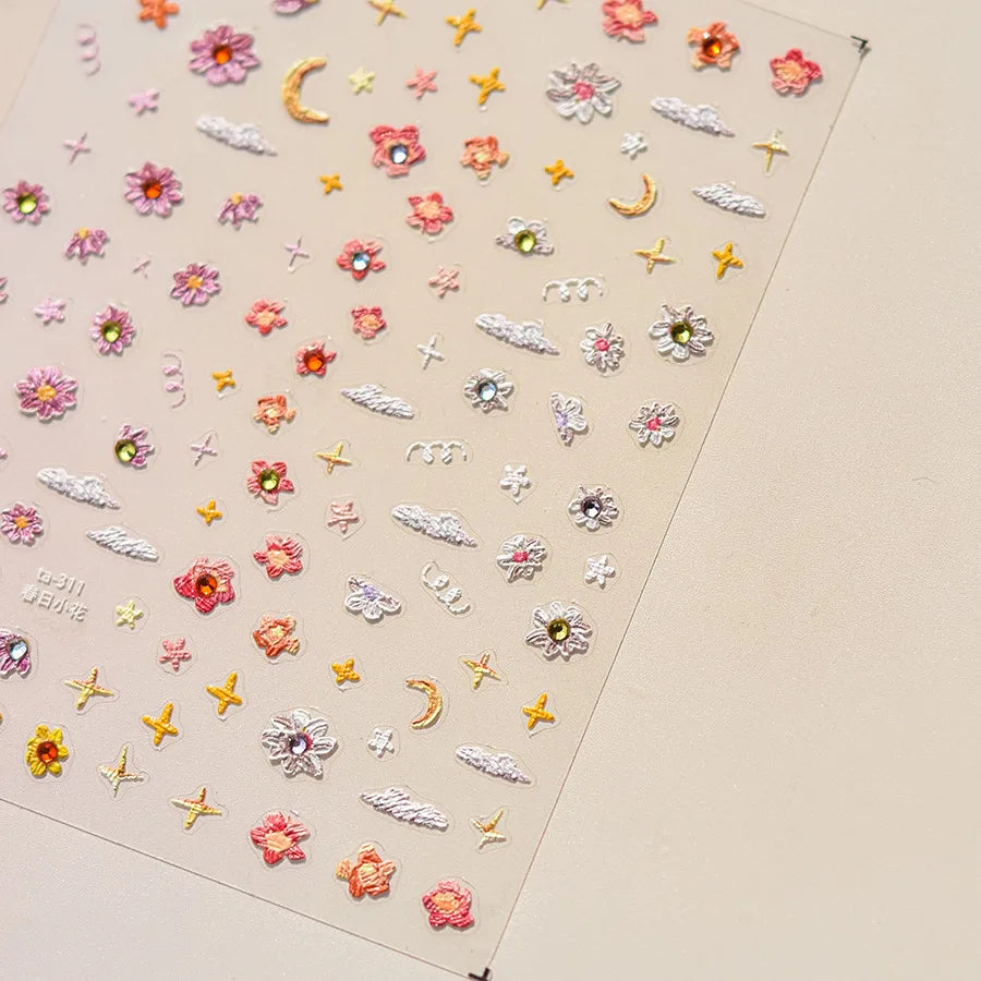 Colorful Sparkling Glass Fragment Spring Wildflowers High Quality Adhesive Flash Nail Stickers Art Decorations Design T-3784