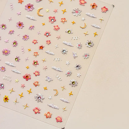 Colorful Sparkling Glass Fragment Spring Wildflowers High Quality Adhesive Flash Nail Stickers Art Decorations Design T-3784