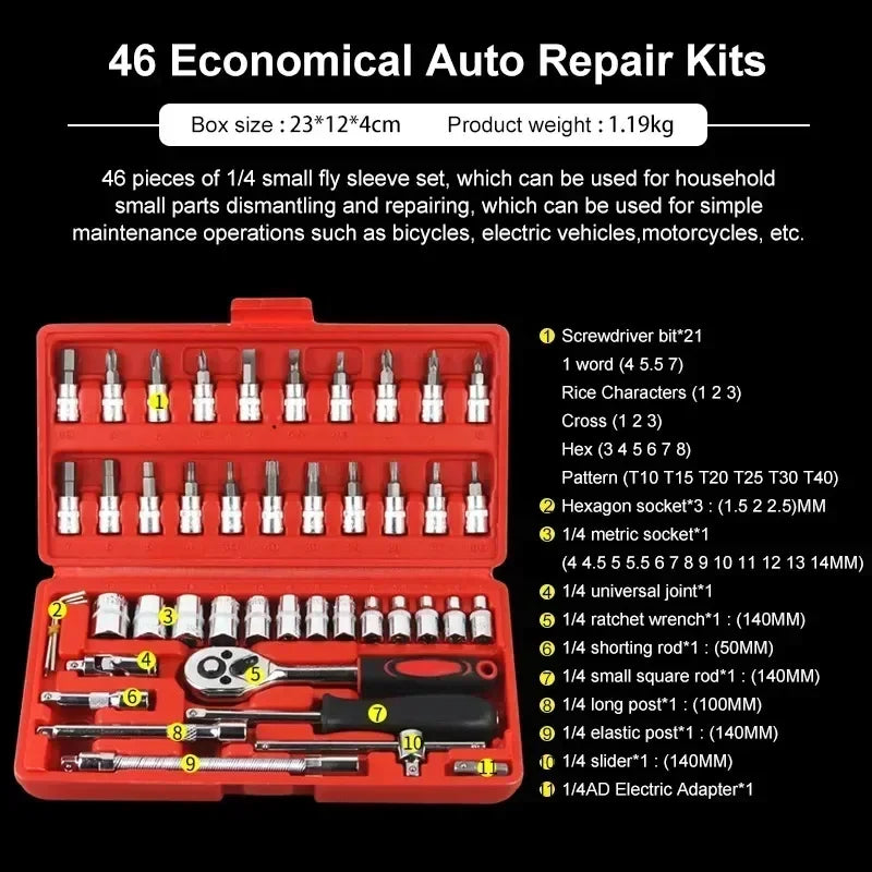 Professional Auto Repair Tool Kit 46/53pc Quick Ratchet Wrench Multi-Function Set for Home Industrial Use Chrome Vanadium Steel