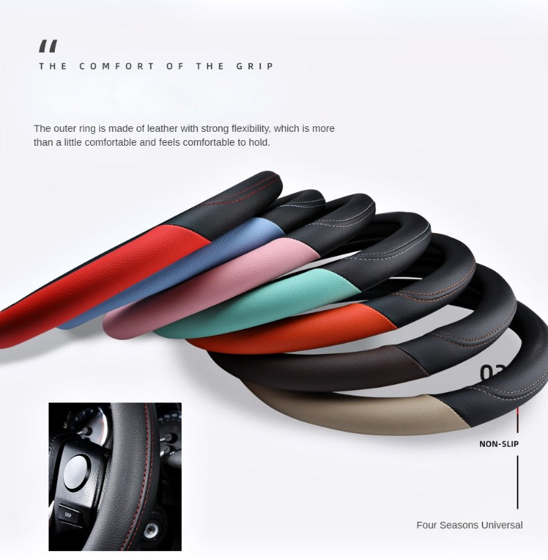 PU Leather Contrast Colour Car Steering Wheel Cover  Sweat Absorbent, Wear Resistant and Non-slip, Universal in All Seasons