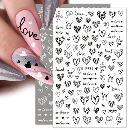 1Sheet 3D Red Heart Laser Nail Sticker Black Letter Star Line Self-Adhesive Slider Valentine's Day Series Nail Decals Decoration