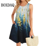 2025 Fashion Plus Size Women Casual Short Dresses Elegant Summer Bohemian Dress Pockets Sleeveless Simple Female Clothing Summer