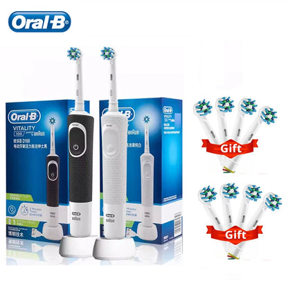 Cepillo de dientes eléctrico Oral B Vitality Cross Action recargable con temporizador de 2 minutos y rotación para dientes blancos y limpios. Cepillo blanco y negro.