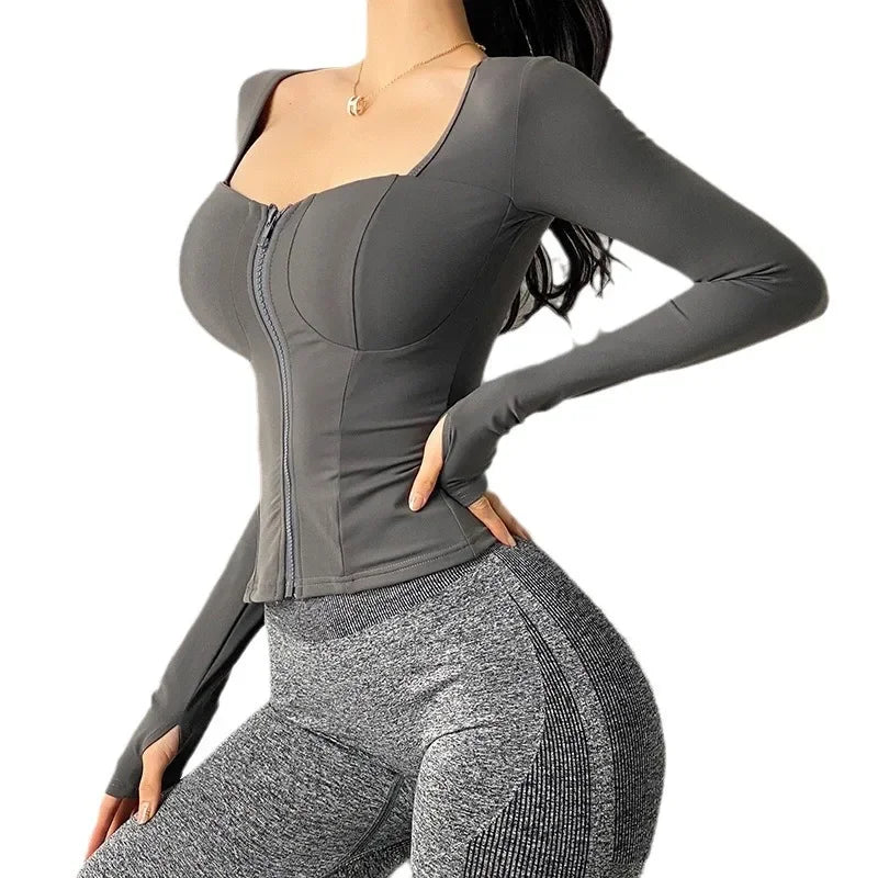 Chaqueta deportiva sexy de manga larga con almohadilla para el pecho, ajustada, para mujer, para yoga, running y fitness, para otoño, zapatillas de entrenamiento Nike Airbag.