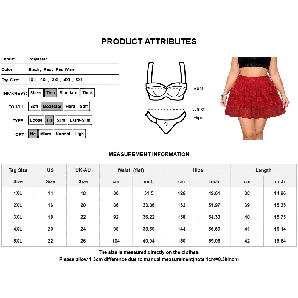 Large Size Lace Multi-layer Cake Hot Girl Sexy Mini Skirt Fashion Korean Slim Female Clothing High Waisted Plus Size Women Skirt
