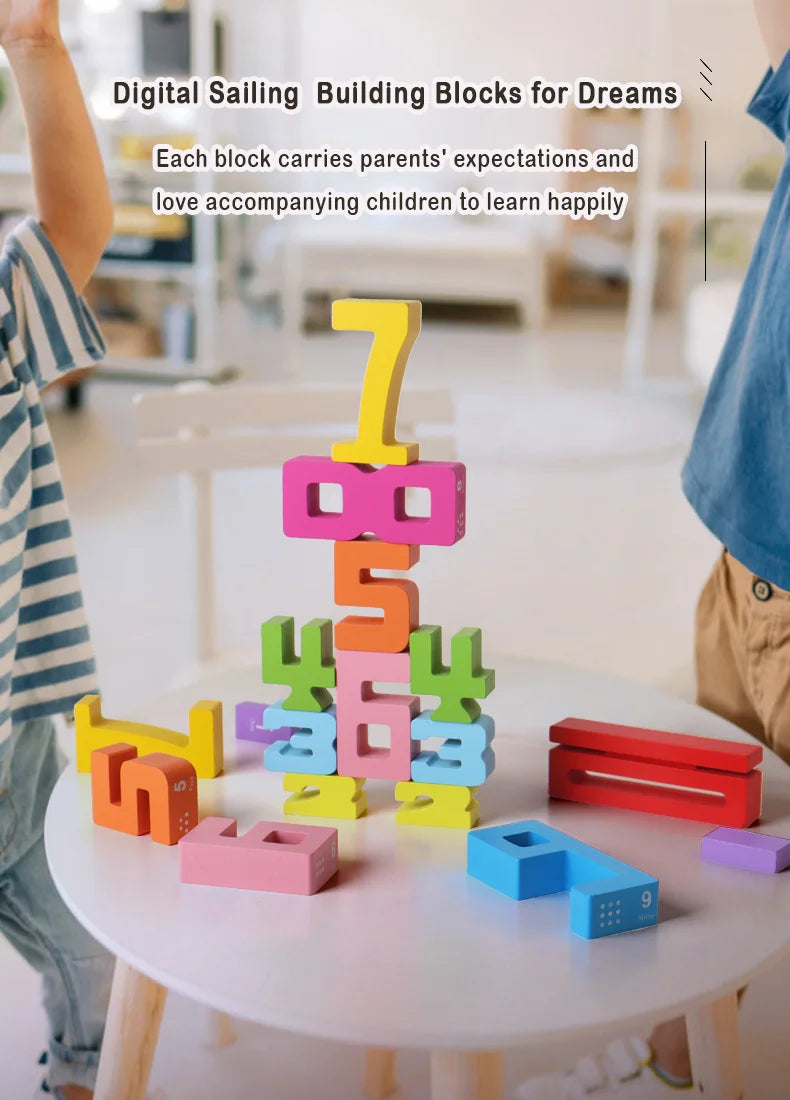 Wooden educational digital blocks, creative puzzles, stacking toys, fun brain teasers, early education topics, Montessori style
