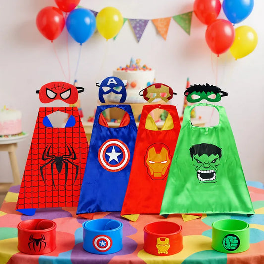 4-piece Set Kids Superhero Cape with Snap Bracelet and Movie Character Mask for Halloween Costume Party Performance