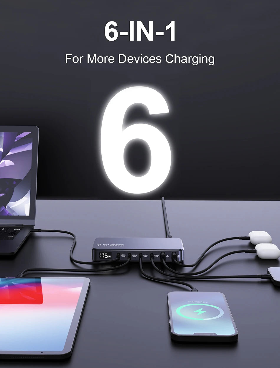 Ueetop 175W GaN USB C Charger LED Display 6-Port Desktop Charger Type C PD 100W PPS 45W Fast Charging for MacBook Samsung iPhone