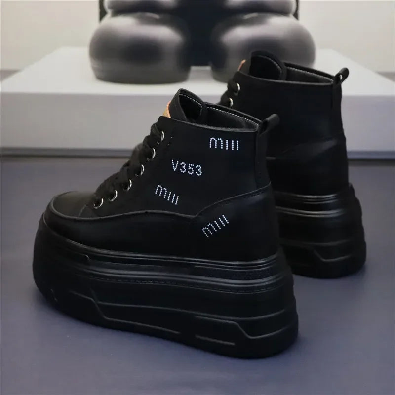 High Top Fashion Sneakers White Chunky Platform Wedge Shoes 12cm 14cm Height Increased Woman Sports Casual Shoe Tennis Female