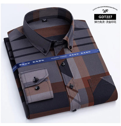 Latest Men's Dress Shirts Spring Autumn Non-iron Anti-wrinkle Business Casual Print Thin Plaid Soft Slim Fit Chemise Homme