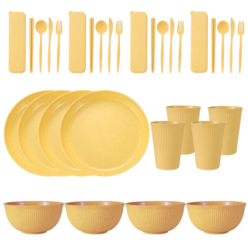 36pcs Plate Sets Wheat Straw Eco-Friendly Ramen Bowl Tableware Dinner Dishes Set Camping Tableware Set With Knife Fork Spoon