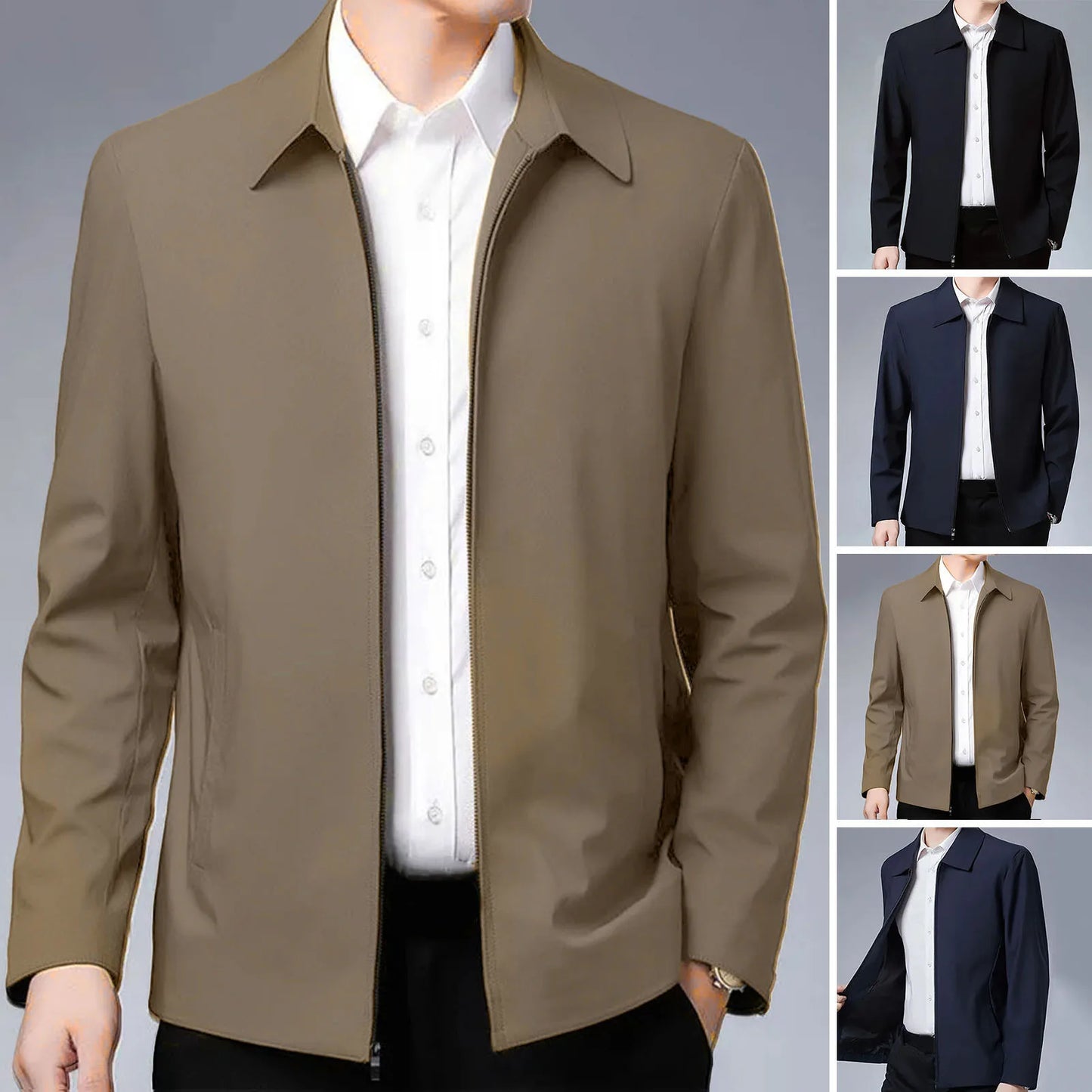 Chaqueta elegante para hombre de mediana edad con solapa y bolsillos con cierre de cremallera para negocios formales o ropa informal en primavera y otoño.