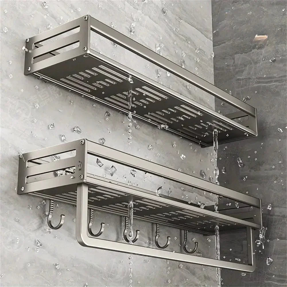 YMOLGA 1/2pcs Aluminum Wall-Mounted Spice Rack Multifunctional Item Shelf Kitchen Tools Hooks Kitchen Condiment Storage Rack
