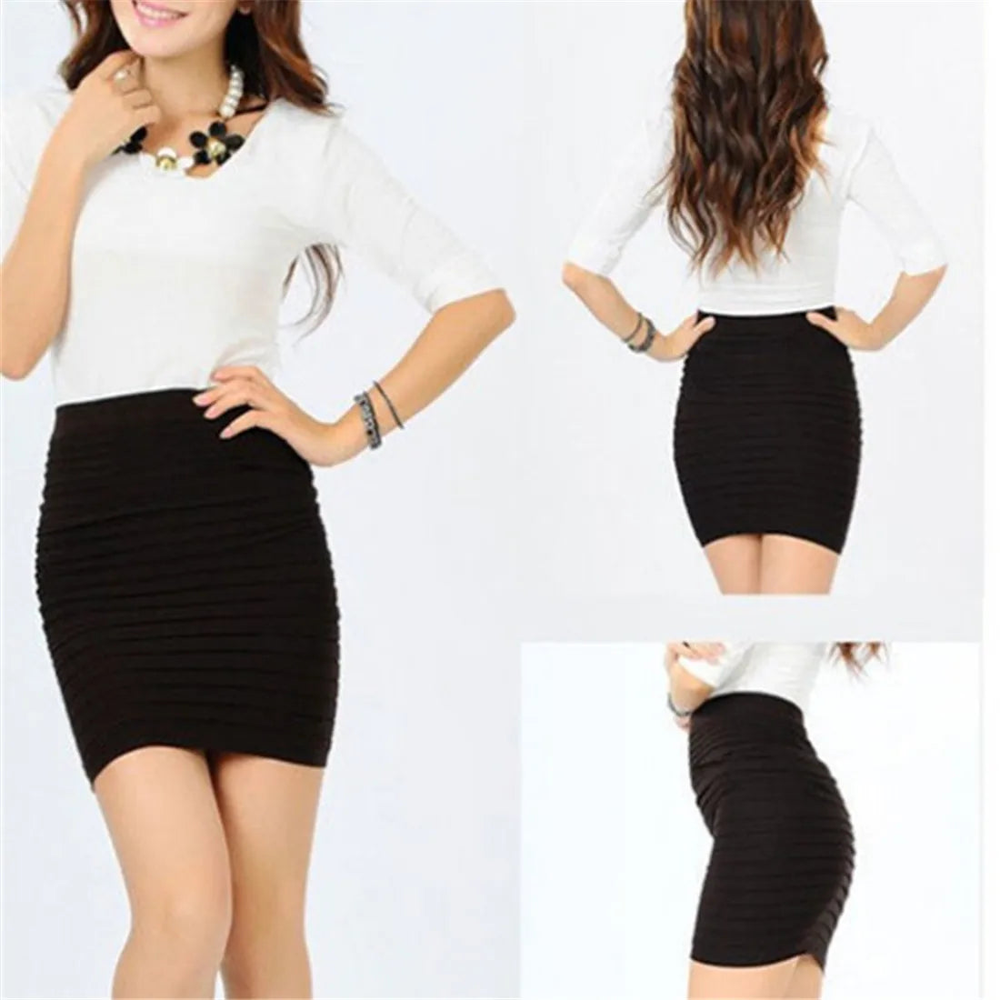 Summer Women's High Waist Skirt Solid Color Elastic Pleated Skirt For Office Lady Draped Slim Mini Skirt Sexy Lady Pencil Skirts
