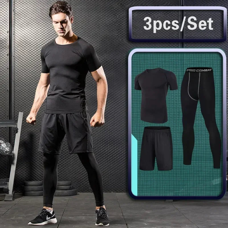 Conjunto de ropa deportiva de compresión Rashguard para hombre, mallas para correr, gimnasio, entrenamiento, camiseta, cortavientos y leggings 