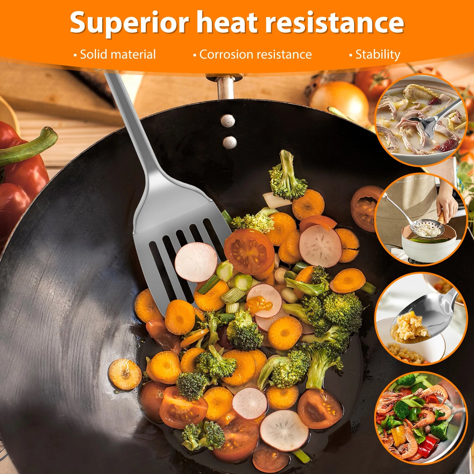 Juego de utensilios de cocina de 5 uds, cucharas de acero inoxidable, espátula con mango ergonómico, utensilios de cucharas lavables resistentes