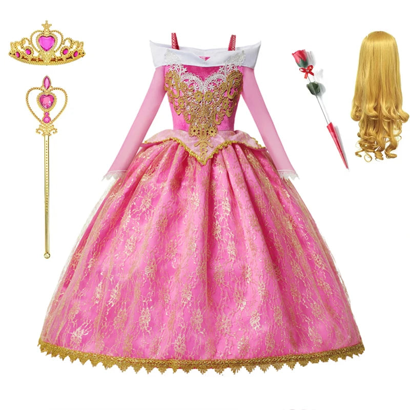 Girls Sleeping Beauty Aurora Cosplay Princess Dress Kids Rapunzel Frozen Elsa Cinderella Costume Party Clothing 2-10 Years