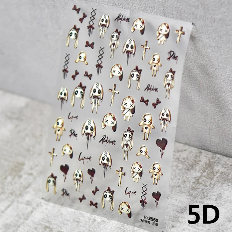Thorns Rose Bloody Bunny 5D Embossed Reliefs Self Adhesive Nail Art Stickers Dark Style 3D Nail Decorations Decals Wholesale