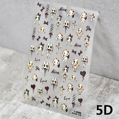 Thorns Rose Bloody Bunny 5D Embossed Reliefs Self Adhesive Nail Art Stickers Dark Style 3D Nail Decorations Decals Wholesale
